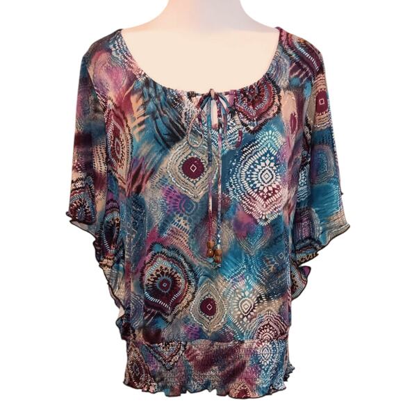 Y2K Stretchy Colorful Blouse Top Flutter Sleeves Blousy Relaxed Petite LG Office - Picture 1 of 11